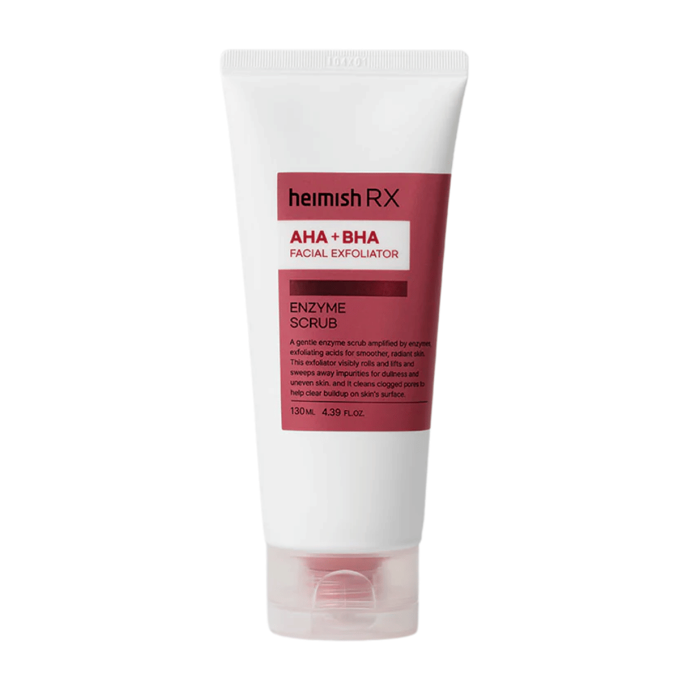 Heimish RX AHA + BHA Enzyme Scrub valkoisessa tuubissa, jossa on punainen etiketti. Kasvojen kuorinta-aine, joka sisältää AHA:ta ja BHA:ta epäpuhtauksien poistamiseen ja ihon rakenteen parantamiseen. Tuote on asetettu valkoista taustaa vasten.