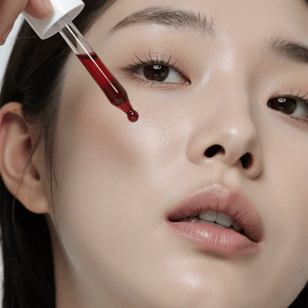 Lähikuva naisesta, jolla on sileä iho, levittämässä Heimish RX AHA BHA 30% Peeling Serum -seerumia pipetillä, jossa punainen pisara on juuri osumassa hänen poskeensa.