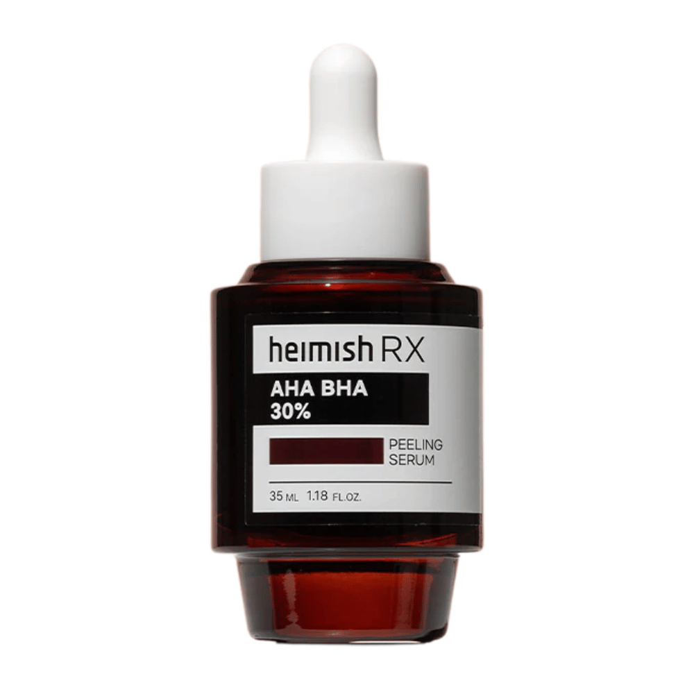 Heimish RX AHA BHA 30% Peeling Serum tummanpunaisessa lasipullossa pipetillä, suunniteltu kuorintaan ja parantamaan ihon rakennetta.
