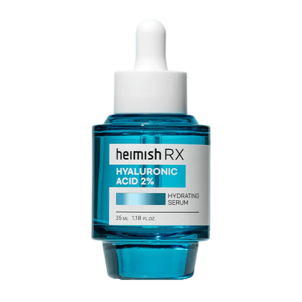 Heimish RX Hyaluronihappo 2% Kosteuttava Seerumi sinisessä lasipullossa, jossa on pipettikorkki, suunniteltu ihon intensiiviseen kosteutukseen.