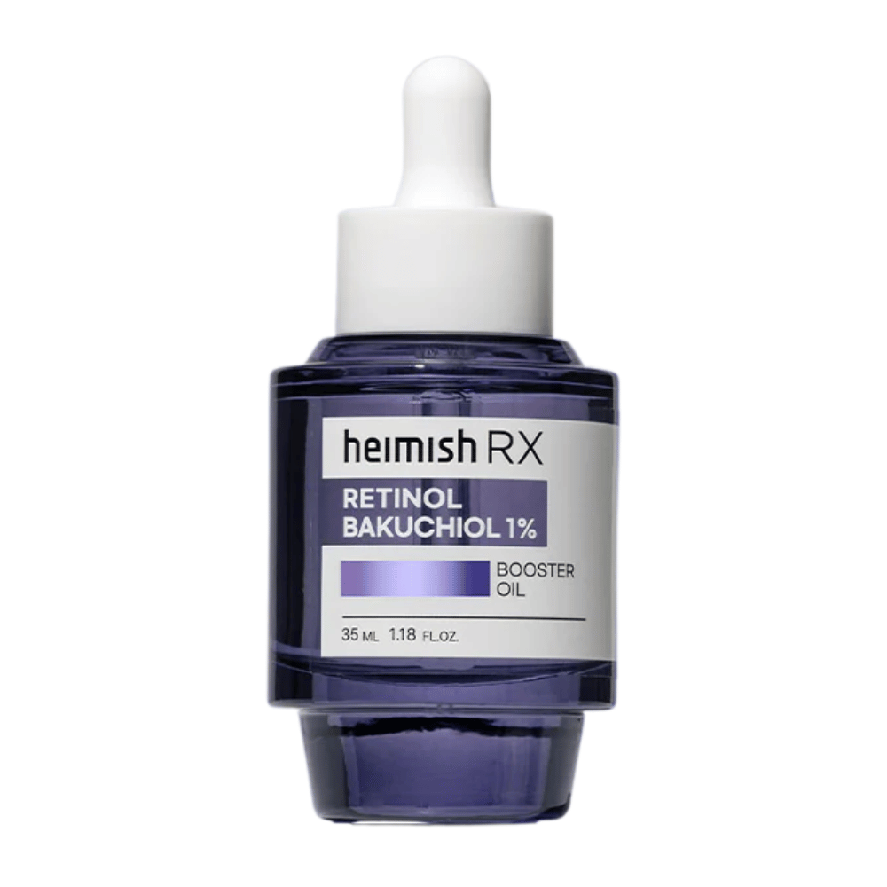 Heimish RX Retinol Bakuchiol Booster Oil tyylikkäässä violetissa lasipullossa pipetillä, suunniteltu parantamaan ihon kimmoisuutta ja vähentämään hienoja juonteita.