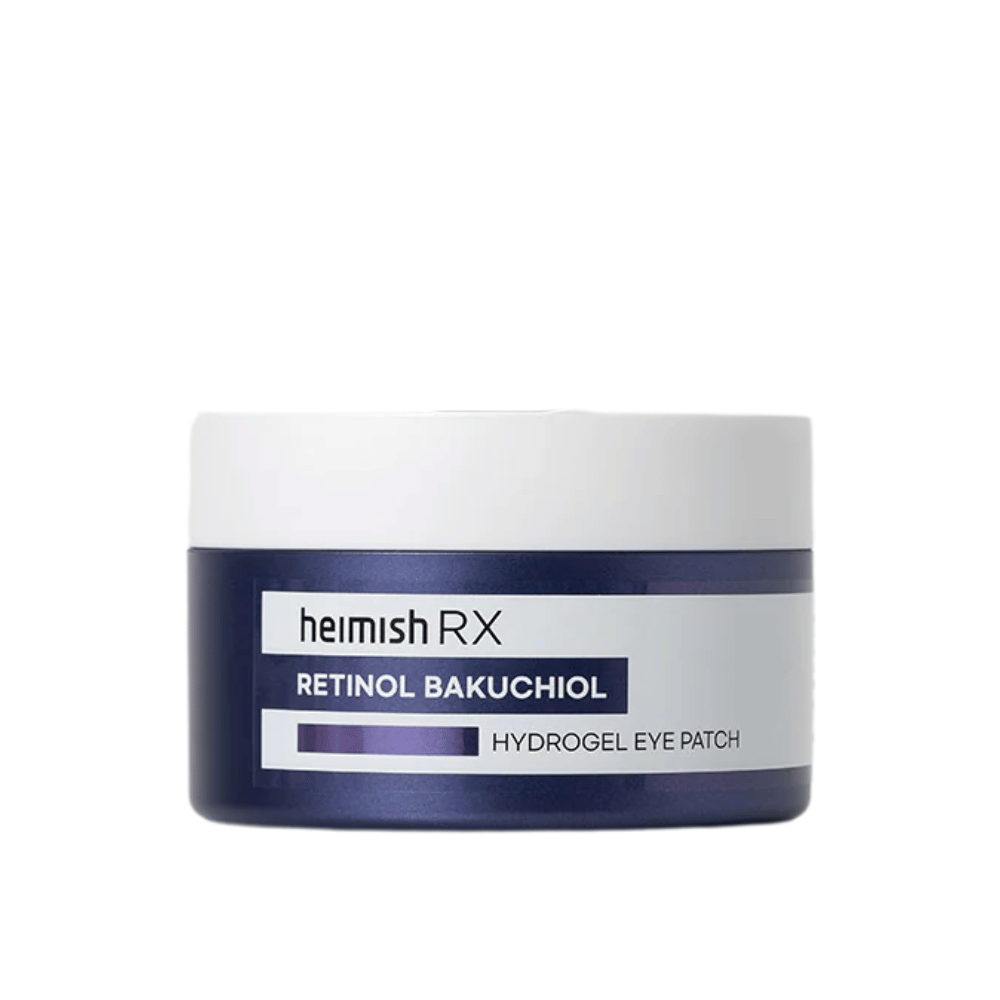 Heimish RX Retinol Bakuchiol Hydrogel Eye Patch tummansinisessä purkissa, jossa on valkoinen kansi. Intenssiivisesti kosteuttavat ja kiinteyttävät silmänympäryslaput nuorekkaampaan ilmeeseen.