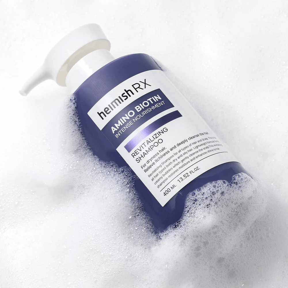 Heimish RX Amino Biotin Revitalizing Shampoo 400 ml vaahtona – ravitseva shampoo kuiville hiuksille, joka puhdistaa hellävaraisesti ja kosteuttaa hiuspohjaa.