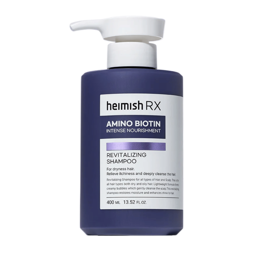 Heimish RX Amino Biotin Revitalizing Shampoo 400 ml – ravitseva shampoo kuiville ja elottomille hiuksille, sisältää biotiinia ja aminohappoja vahvistamaan ja kosteuttamaan hiuksia ja hiuspohjaa.