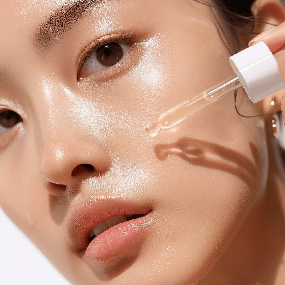 Lähikuva henkilöstä, jolla on säteilevä iho, kun hän levittää Heimish RX Retinol Bakuchiol Booster Oil pipetillä. Öljyä tiputetaan varovasti poskelle intensiivistä kosteutusta ja ravintoa varten.