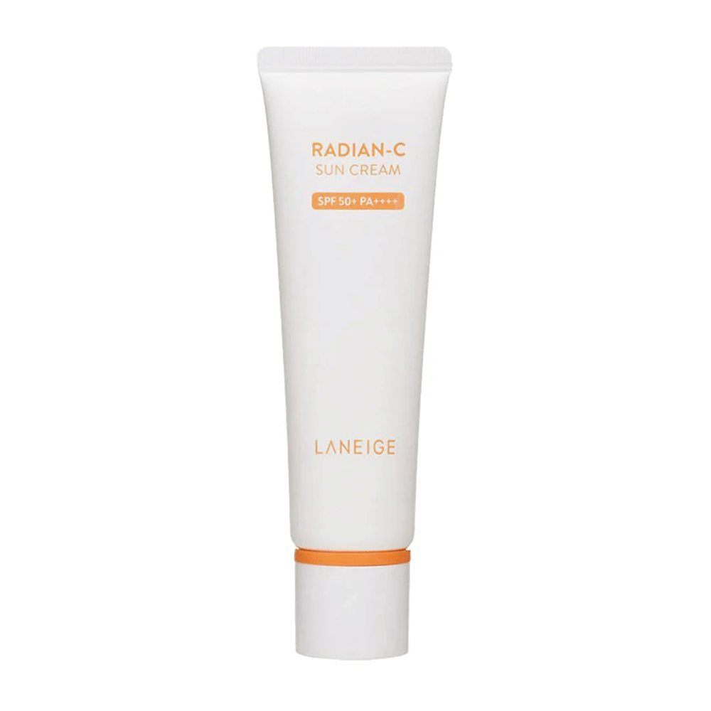 LANEIGE Radian-C Sun Cream SPF 50+ PA++++ valkoinen tuubi oranssilla tekstillä, valkoinen tausta.