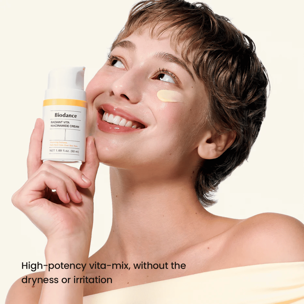 Malli, jolla on Biodance niacinamide cream levitetty tasaiselle ihonsävylle ja hehkulle