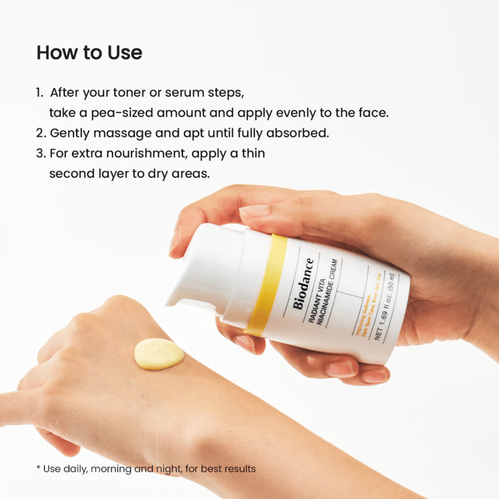 Näin käytät Biodance niacinamide cream – levitys toner jälkeen tai seerumi