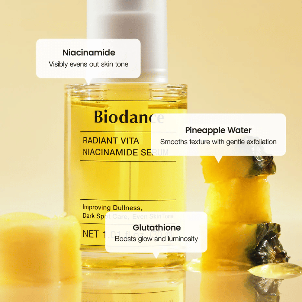 Biodance Radiant Vita Niacinamide Serum niasiiniamidilla, ananasvedellä ja glutathionilla hehkua, tasaista ihonsävyä ja hellävaraista kuorintaa varten