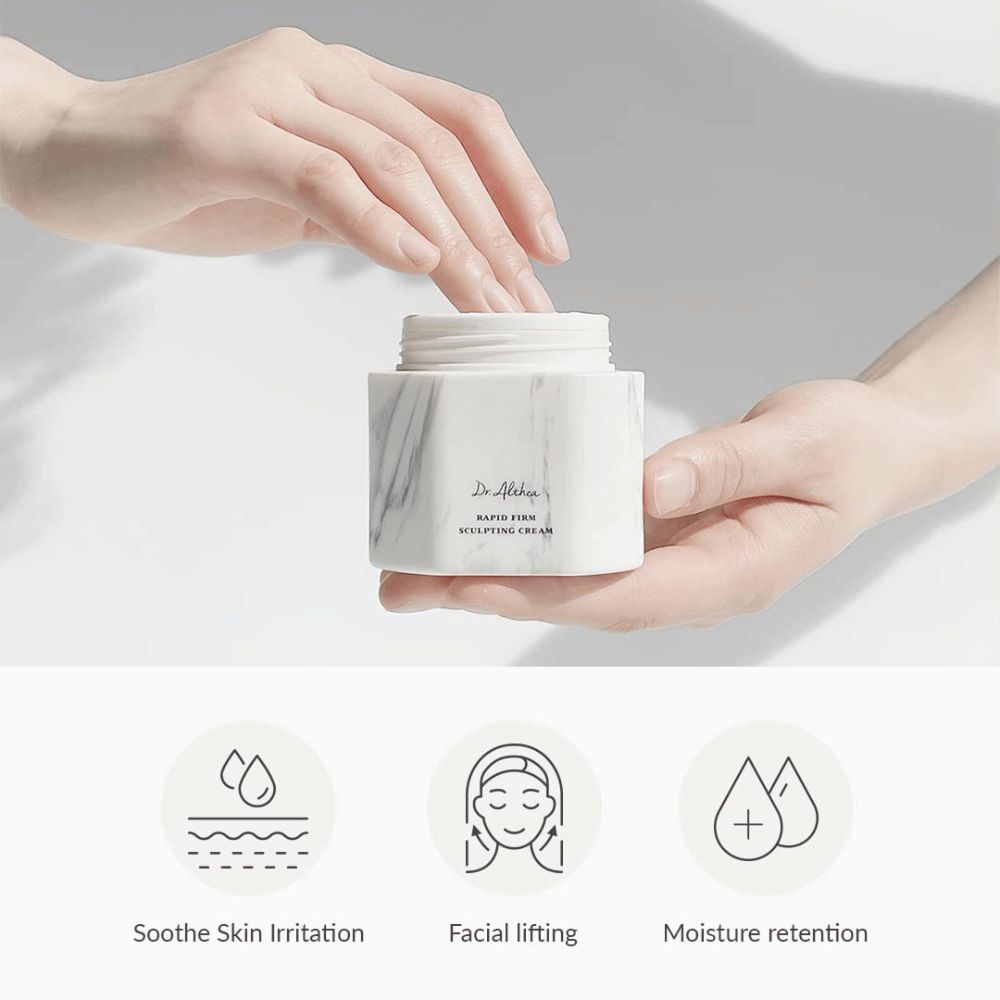 Dr. Althea Rapid Firm Sculpting Cream elegantissa marmoripakkauksessa. Tuote tarjoaa etuja, kuten ihon ärsytyksen rauhoittamisen, kasvojen kohottamisen ja kosteuden säilyttämisen. Täydellinen vahvistamaan ja kohottamaan ihoa.