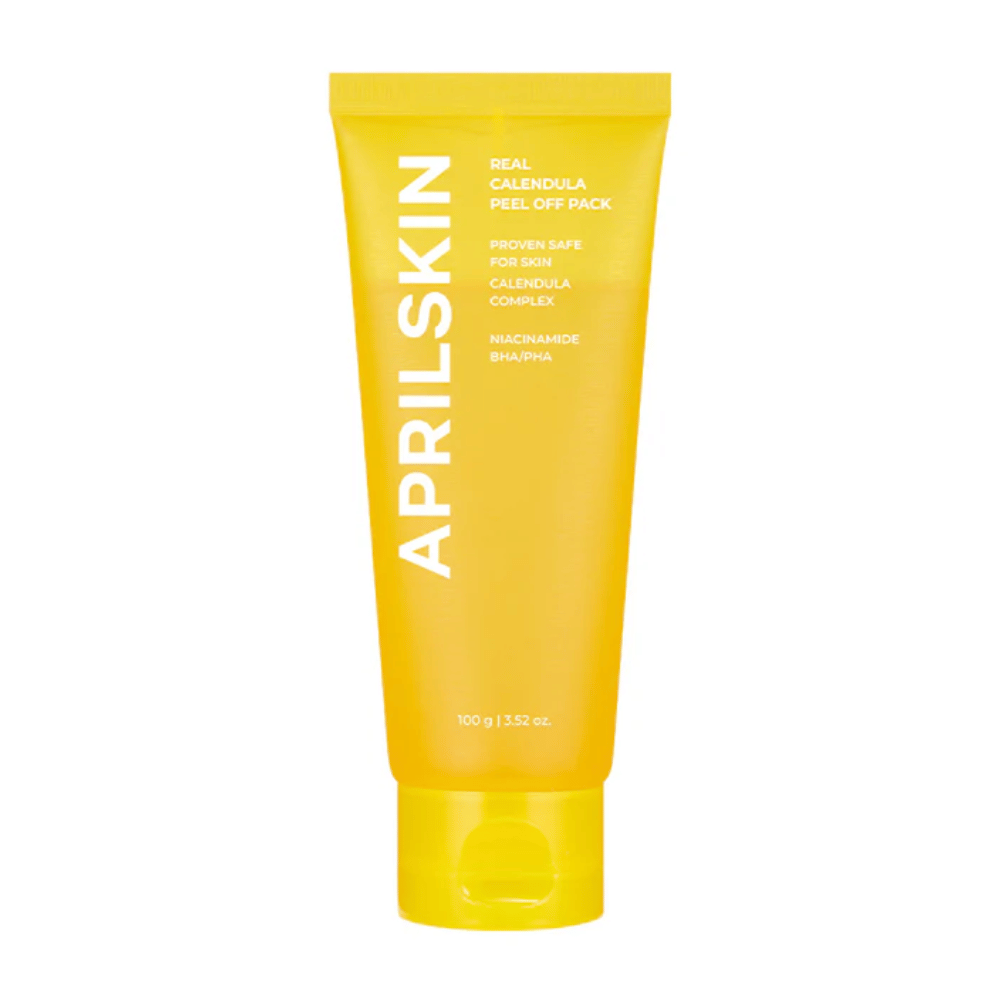 Kuva näyttää keltaisen tuubin, jossa on "Real Calendula Peel Off Pack" APRILSKIN. Tuote sisältää ainesosia kuten kehäkukka, niasiiniamidi sekä BHA ja PHA, jotka kuorivat ihoa hellävaraisesti.