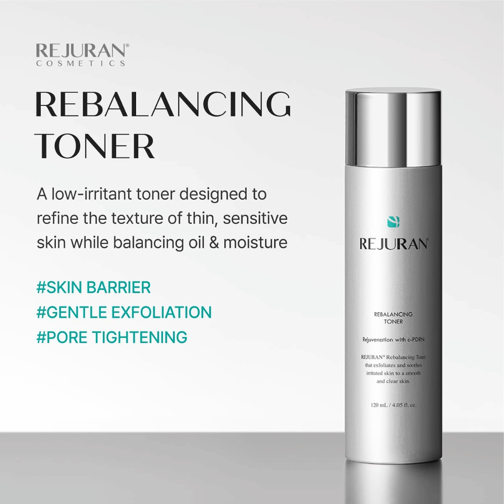 Rejuran Rebalancing Toner 120 ml, hellävaraisesti kuoriva kasvovesi, jossa on C-PDRN herkälle iholle. Hopeanvärinen pullo, jossa tuotteen hyödyt.