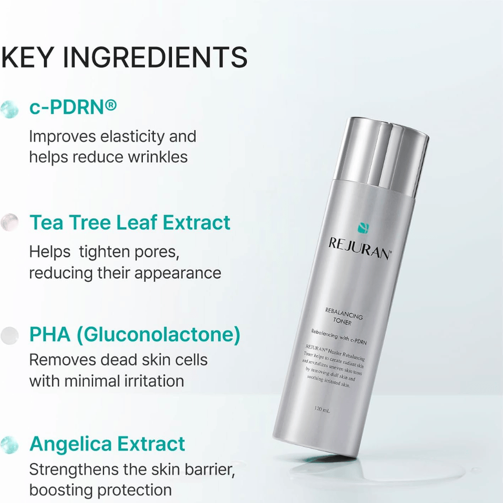 Rejuran Rebalancing Toner 120 ml, jossa on C-PDRN, tea tree-uute, PHA ja väinönputkiuute. Hopeanvärinen pullo, jossa ainesosayhteenveto.