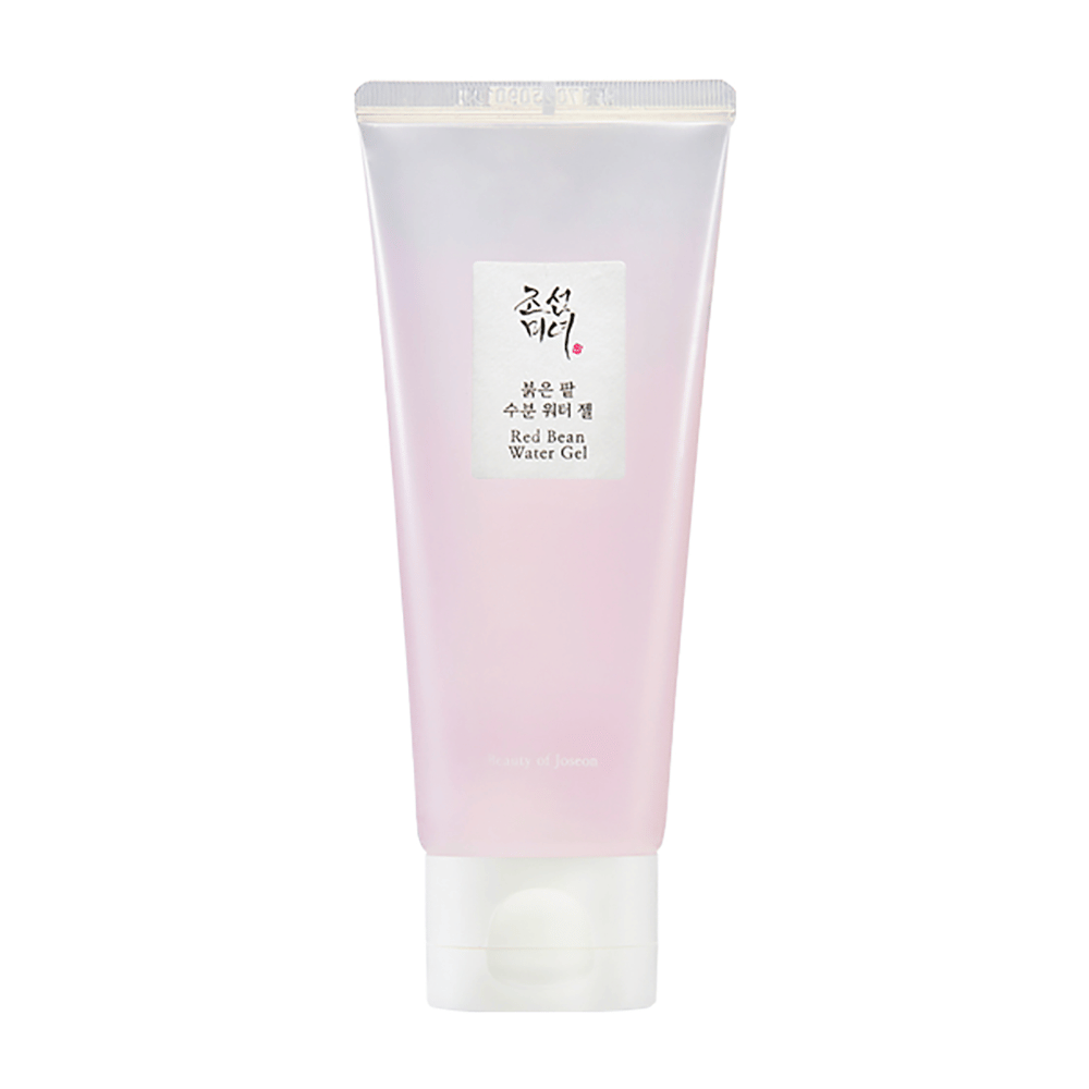 Kuva näyttää putkilon "Red Bean Water Gel" Beauty of Joseon. Tuotteella on vaaleanpunainen pakkaus ja se vaikuttaa olevan ihonhoitotuote, joka sisältää punaisia papuja, mikä voi viitata siihen, että sillä on ominaisuuksia ihon tekstuurin ja hehkun parantamiseksi.