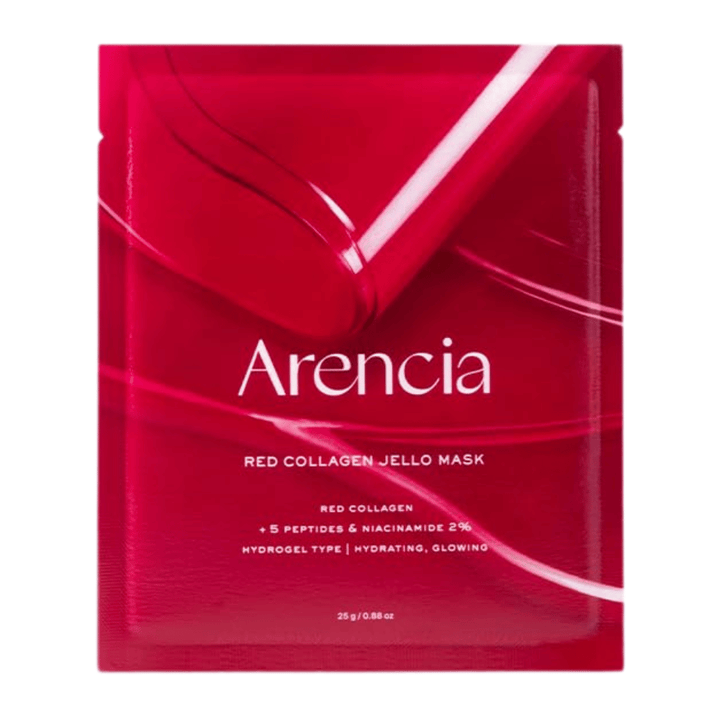 Lähikuva Arencia Red Collagen Jello Mask, joka näyttää geelimäisen koostumuksen ja seerumirikkaan naamion intensiiviseen kollageenihoitoon.