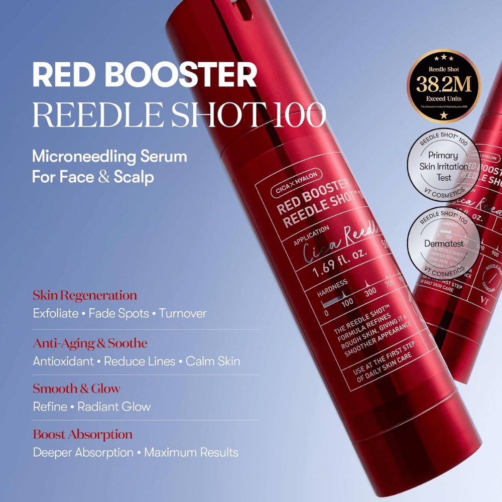 VT Cosmetics Red Booster Reedle Shot 100 microneedling-seerumi kasvoille ja hiuspohjalle, suunniteltu ihon uudistamiseen, parantamaan imeytymistä, anti-age-vaikutukseen, tasaisempaan ihon sävyyn ja luonnolliseen hehkuun.