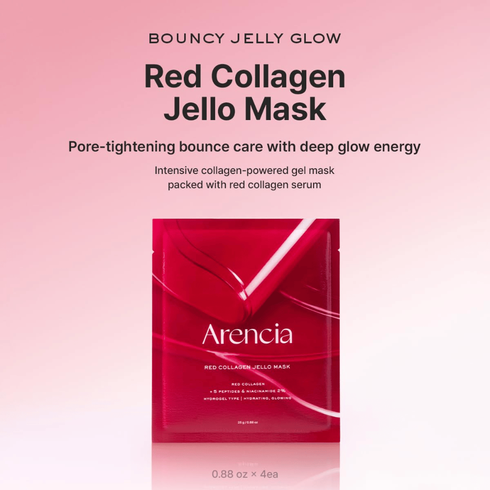 Arencia Red Collagen Jello Mask alkuperäispakkauksessa – korealainen hydrogeelinaamio punaisella kollageenilla ja peptideillä täyteläiselle, kosteutetulle ja säteilevälle iholle.