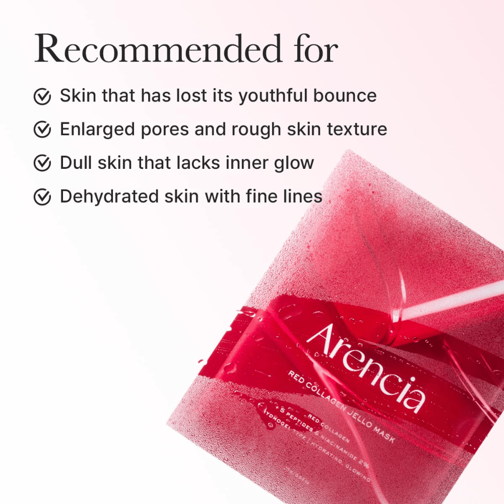 Arencia Red Collagen Jello Mask suositellaan väsyneelle iholle, laajentuneille huokosille, epätasaiselle ihorakenteelle ja kuivuneelle iholle, jossa on hienoja juonteita.