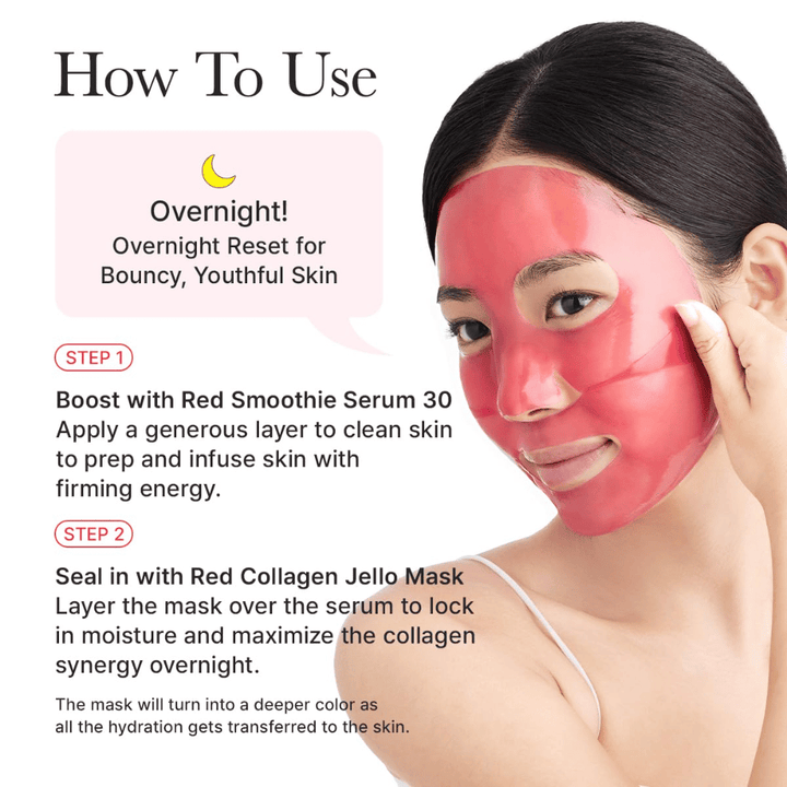 Käyttöohje Arencia Red Collagen Jello Mask yönaamiona – levitä seerumi jälkeen saadaksesi kimmoisuutta, syväkosteutusta ja nuorekasta ihoa yön yli.
