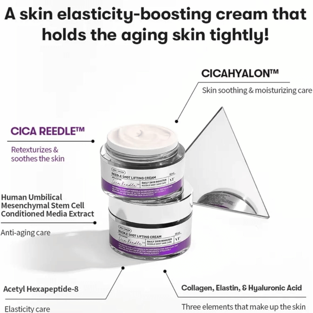 VT Cosmetics Reedle Shot Lifting Cream Cica Reedle -kasvovoide, joka parantaa ihon elastisuutta, kosteuttaa ja tekee ihosta kiinteämmän.