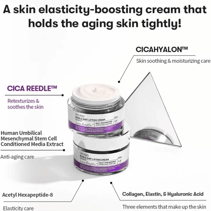 VT Cosmetics Reedle Shot Lifting Cream Cica Reedle -kasvovoide, joka parantaa ihon elastisuutta, kosteuttaa ja tekee ihosta kiinteämmän.