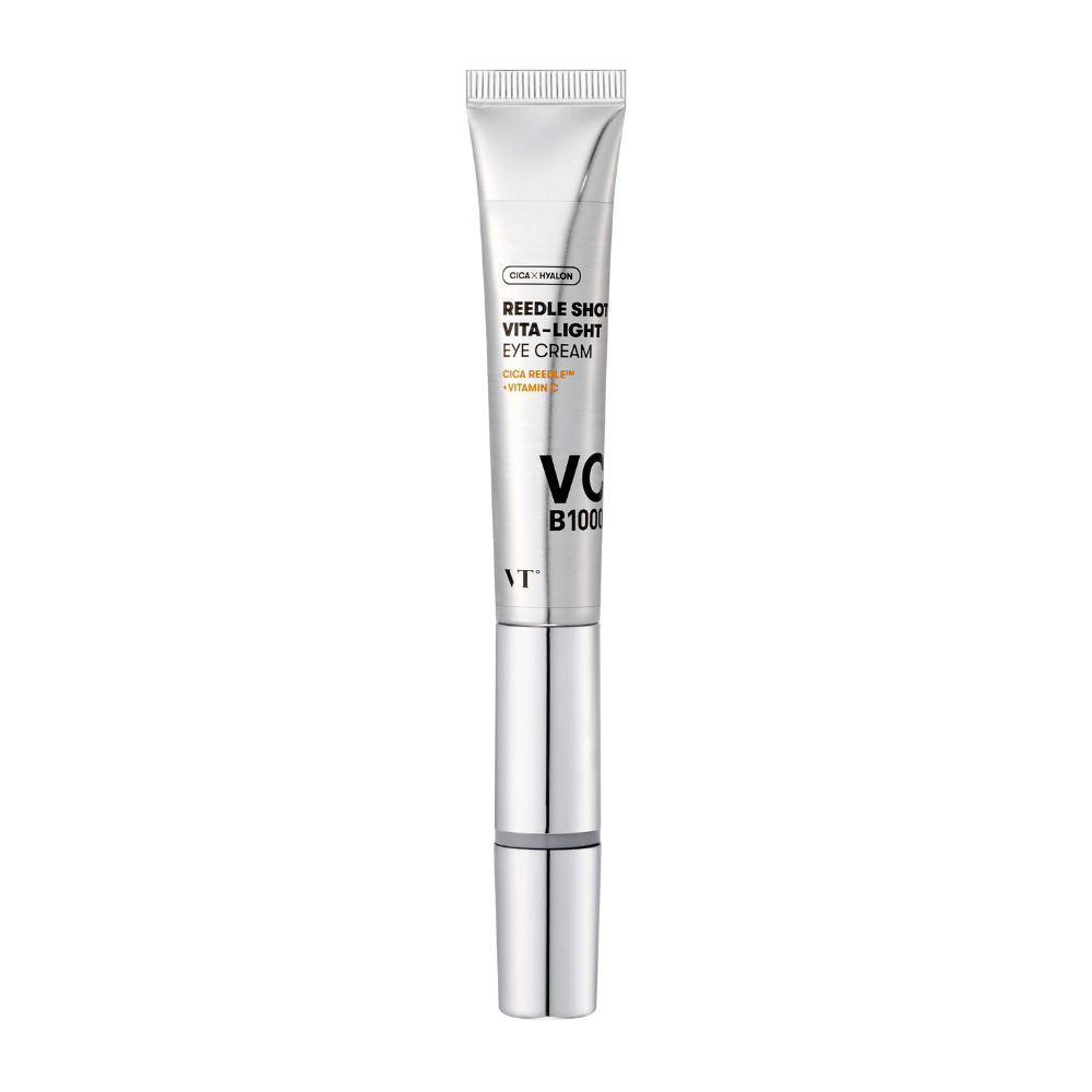 VT Reedle Shot Vita-Light Eye Cream hopeapakkauksessa, jossa on CICAa, C-vitamiinia ja kosteuttavia ainesosia kirkastamaan ja rauhoittamaan silmänympärysaluetta.