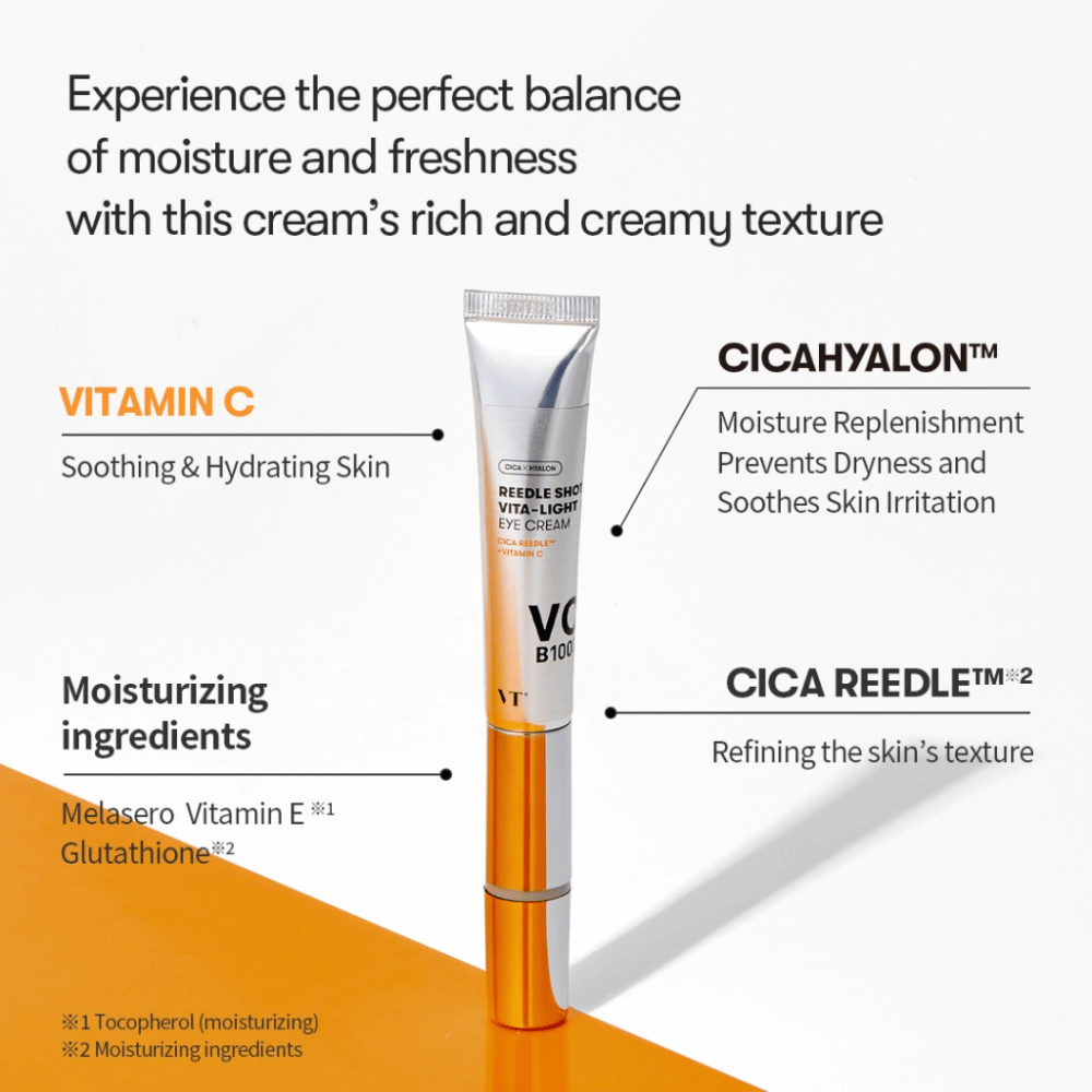 VT Reedle Shot Vita-Light Eye Cream C-, E-vitamiinin ja CICA-kompleksin kanssa – metallisessa tuubissa oleva silmävoide, joka kosteuttaa, rauhoittaa ja parantaa ihon rakennetta.