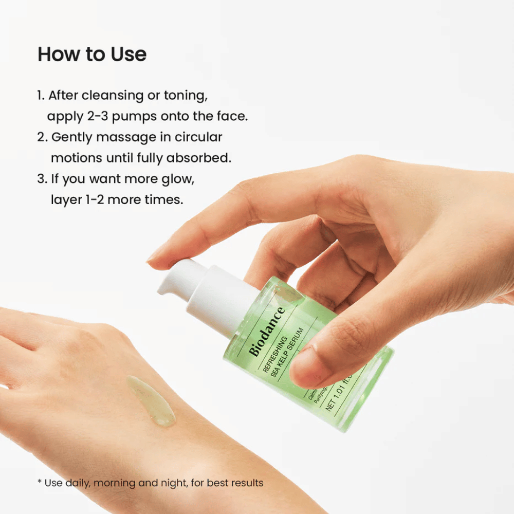 Biodance Refreshing Sea Kelp Serum levitetään kädelle – rauhoittava ja talia säätelevä seerumi merilevällä.