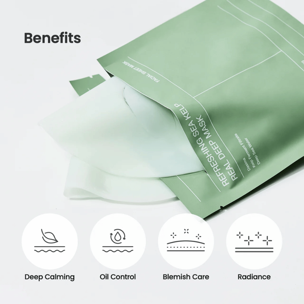 Refreshing Sea Kelp Real Deep Mask hyödyt:
🌿 Syvä rauhoittava vaikutus
💧 Öljynhallinta
✨ Epäpuhtauksien hoito
🌟 Hehkuva ja säteilevä iho