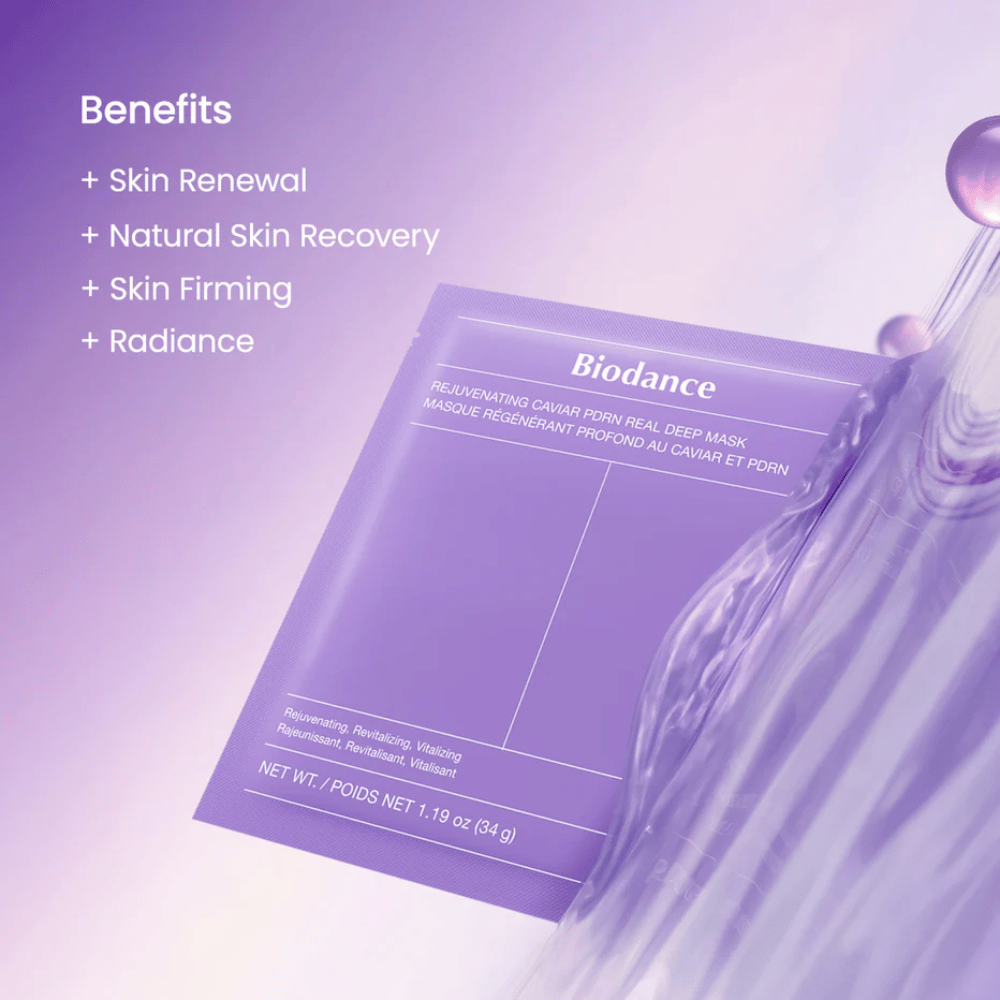 Biodance Rejuvenating Caviar PDRN Real Deep Mask mallilla, jolla on luonnollinen hehku ja näkyvä kiilto käytön jälkeen