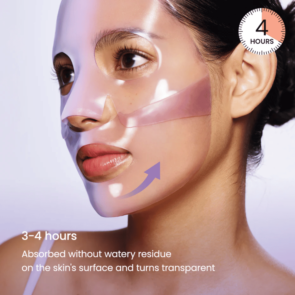 Biodance Rejuvenating Caviar PDRN Real Deep Mask levitetty kasvoille – geelinaamio, joka imeytyy ja muuttuu läpinäkyväksi 3–4 tunnin jälkeen
