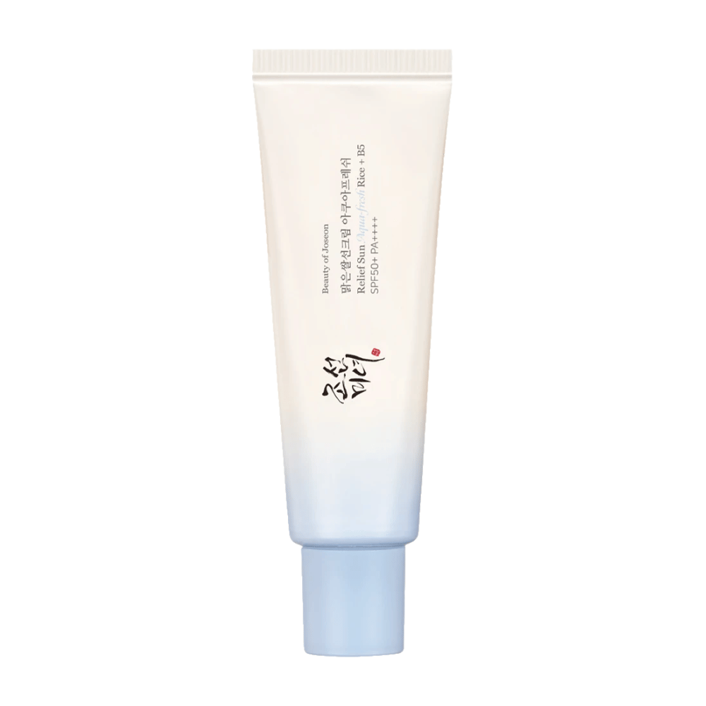 Beauty of Joseon Relief Sun: Aqua-Fresh Rice + B5, aurinkovoide SPF 50+ PA++++. Kevyt ja kosteuttava koostumus, joka suojaa ihoa UV-säteilyltä samalla kun hoitaa riisiuutteella ja B5-vitamiinilla.