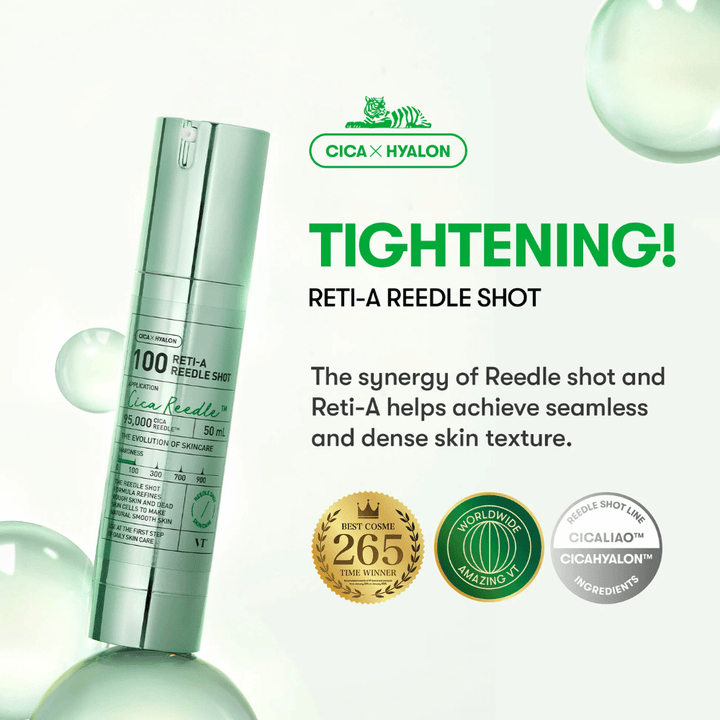 Tuotekuva VT Reti-A Reedle Shot 100 keskittyen kiinteyttävään vaikutukseen, Cicaan ja Hyaloniin, jotka antavat tasaisemman, tiiviimmän ja joustavamman ihon.