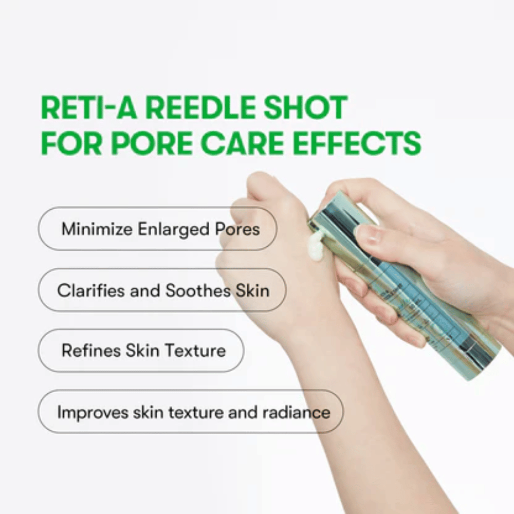 VT Reti-A Reedle Shot levitettynä kädelle, näyttää seerumin koostumuksen ja sen vaikutuksen huokosten minimoimiseksi, ihon rauhoittamiseksi ja ihon hehkun parantamiseksi.