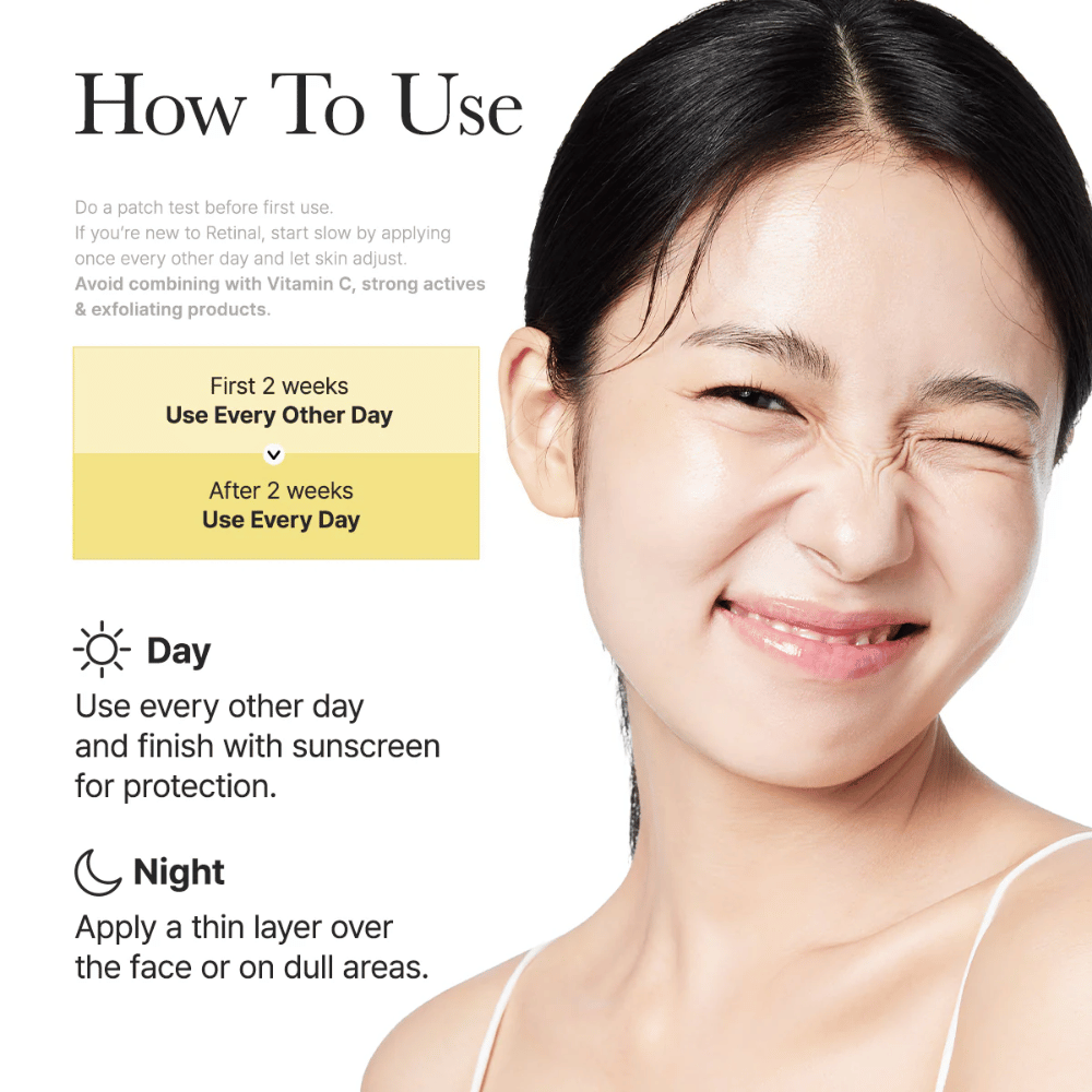 Kuvituskuva Arencia Retinal Booster Shot suositellulla käytöllä joka toinen päivä kahden ensimmäisen viikon aikana ja sen jälkeen päivittäin, päivä- ja yörutiini retinaalille.