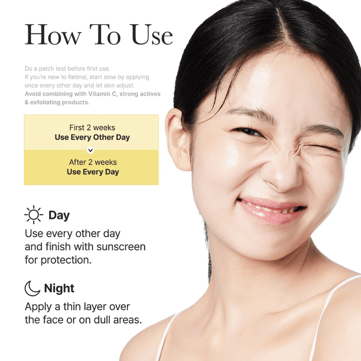 Kuvituskuva Arencia Retinal Booster Shot suositellulla käytöllä joka toinen päivä kahden ensimmäisen viikon aikana ja sen jälkeen päivittäin, päivä- ja yörutiini retinaalille.