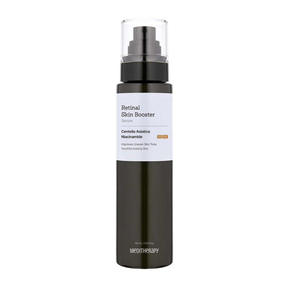 Meditherapy Retinal Skin Booster Serum tummassa pumppupullossa. Koostumus Centella Asiatican ja niasiiniamidin kanssa parantaa ihon sävyä ja antaa nuorekasta hehkua.