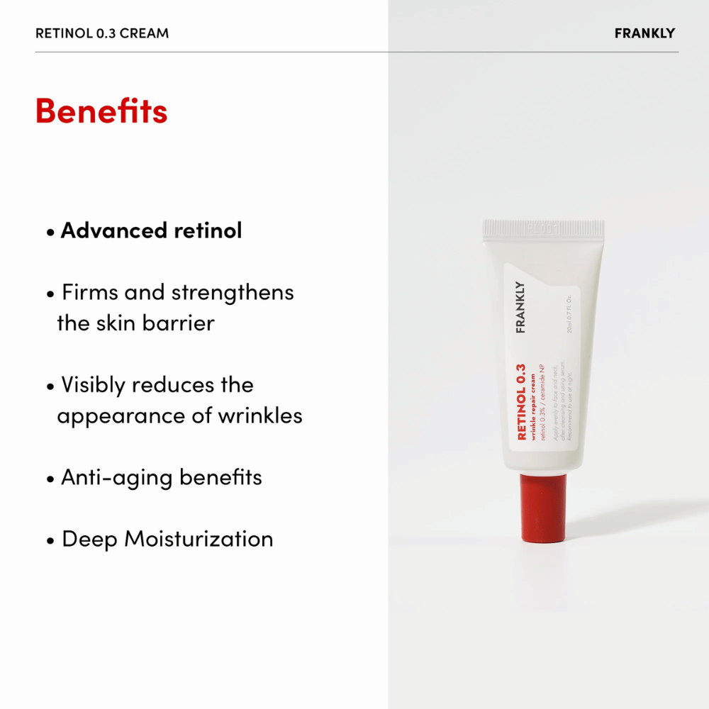 FRANKLY Retinol 0.3 Cream -tuotekuva, jossa on lueteltu Edut: edistynyt retinoli, vahvistaa ihon suojakerrosta ja kosteuttaa syvältä.