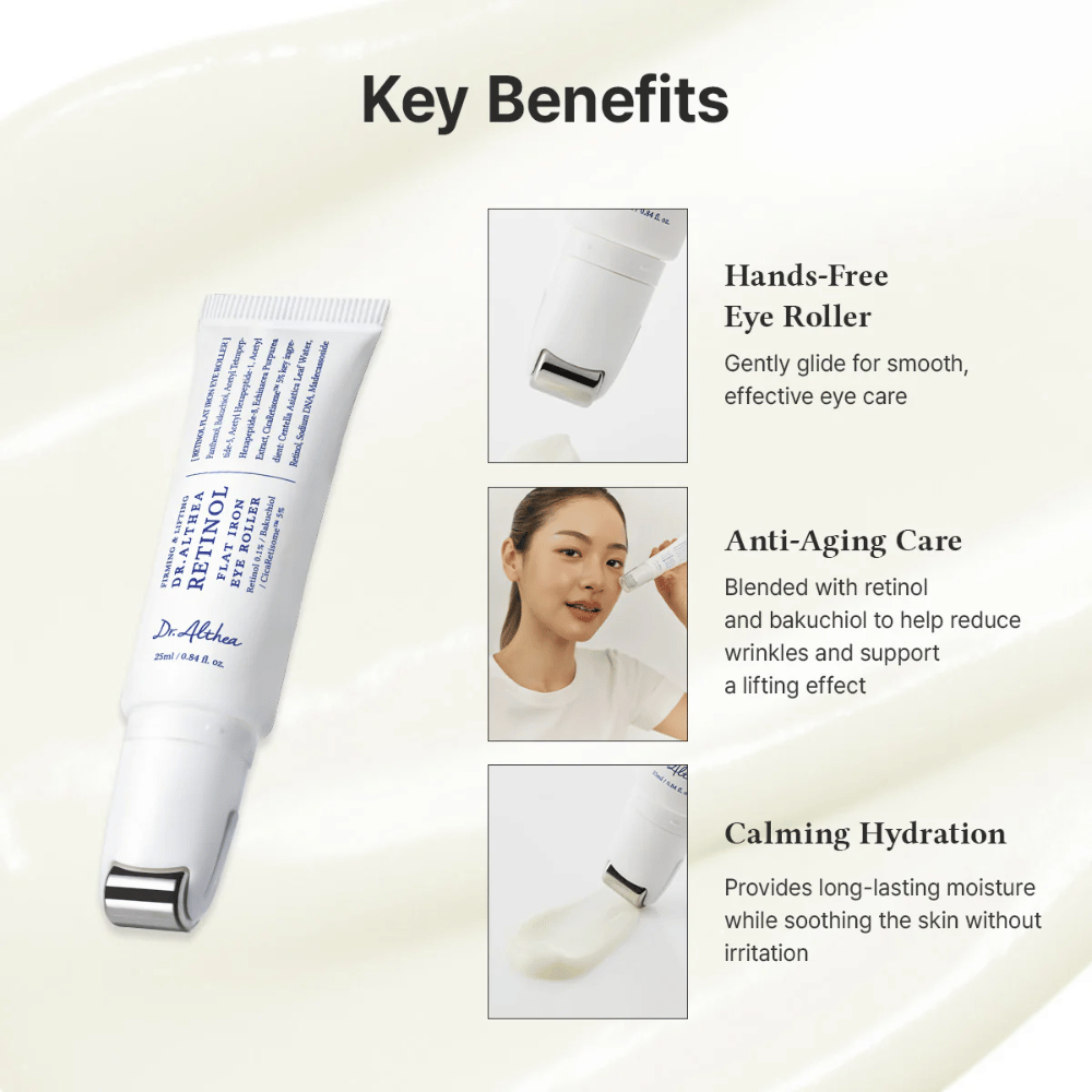 Dr. Althea Retinol Flat Iron Eye Roller metallirullalla viilentävän vaikutuksen, anti-age ominaisuuksien ja pitkäkestoisen kosteutuksen ilman ärsytystä.