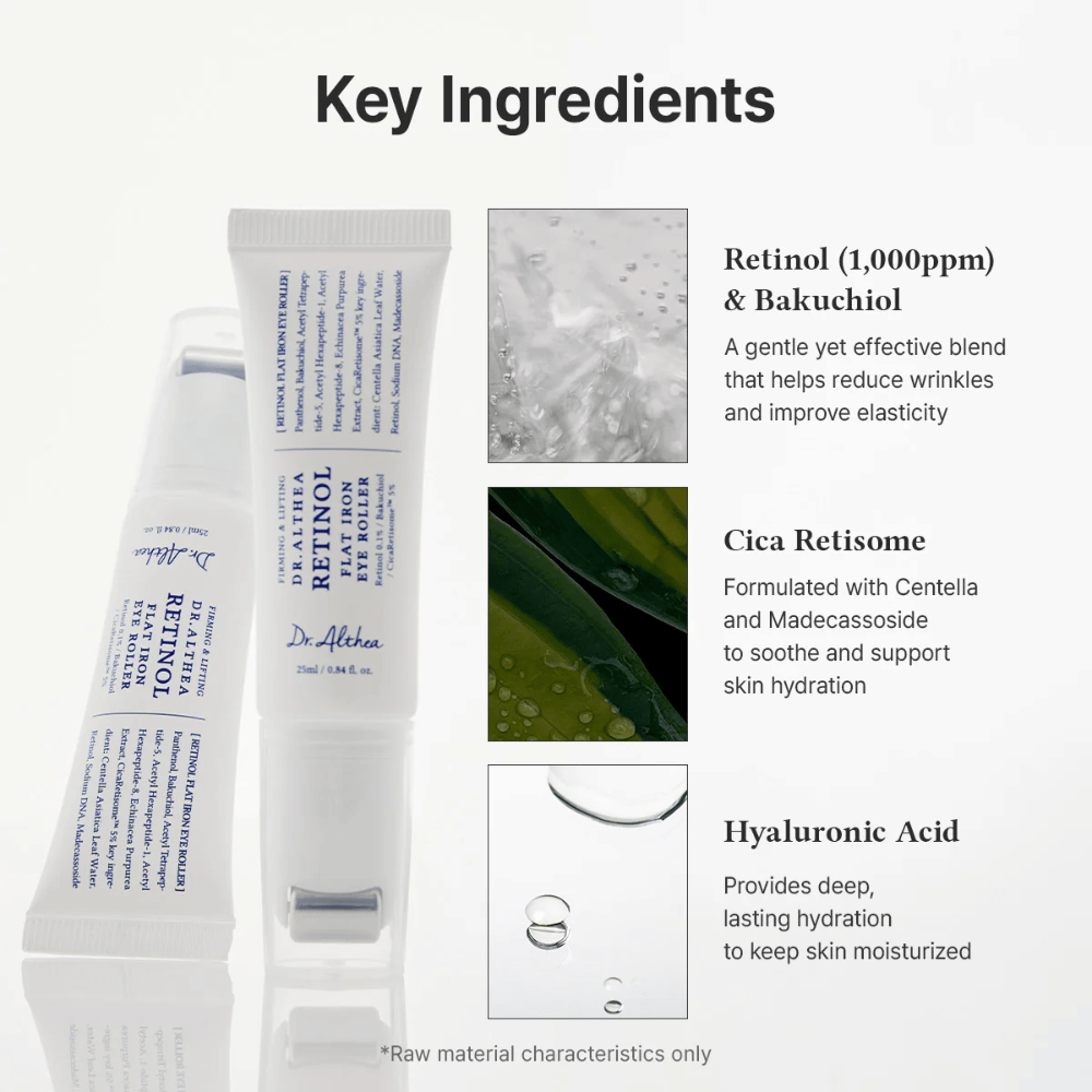 Dr. Althea Retinol Flat Iron Eye Roller retinolilla, bakuchiolilla, cica:lla ja hyaluronihapolla, jotka kosteuttavat, rauhoittavat ja vähentävät ryppyjä.