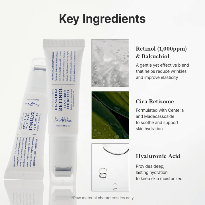 Dr. Althea Retinol Flat Iron Eye Roller retinolilla, bakuchiolilla, cica:lla ja hyaluronihapolla, jotka kosteuttavat, rauhoittavat ja vähentävät ryppyjä.