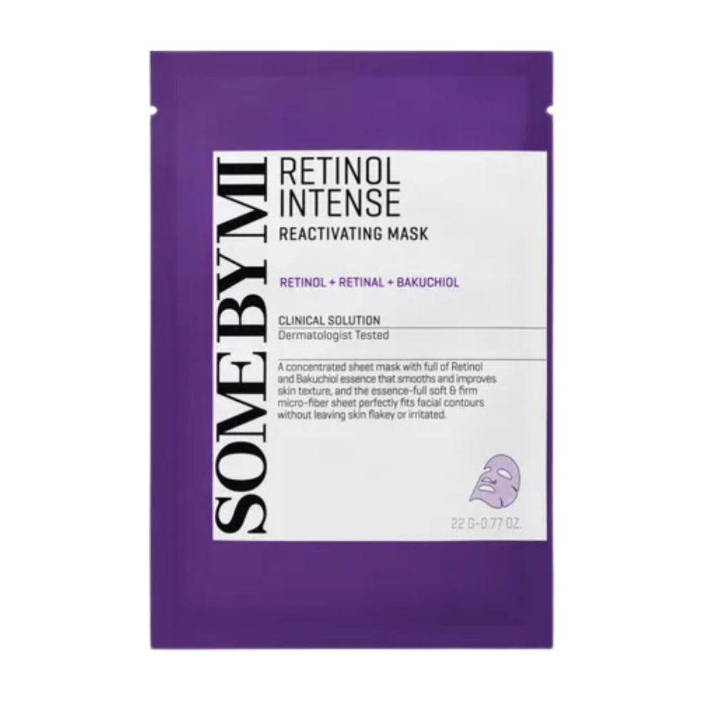 Kuva näyttää pakkauksen "Retinol Intense Reactivating Mask", ihonhoitotuotteen, joka sisältää retinolia, retinalia ja bakuchiolia. Naamio on dermatologisesti testattu.