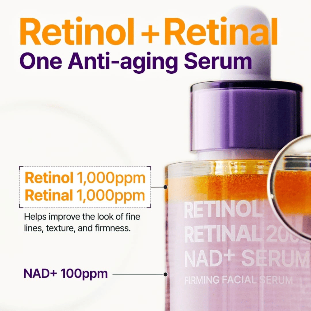 PURITO SEOUL Retinol Retinal 2000 NAD+ Serum sisältää 1000 ppm retinolia, 1000 ppm retinalia ja 100 ppm NAD+:aa juonteille, ihon rakenteelle ja kiinteydelle.