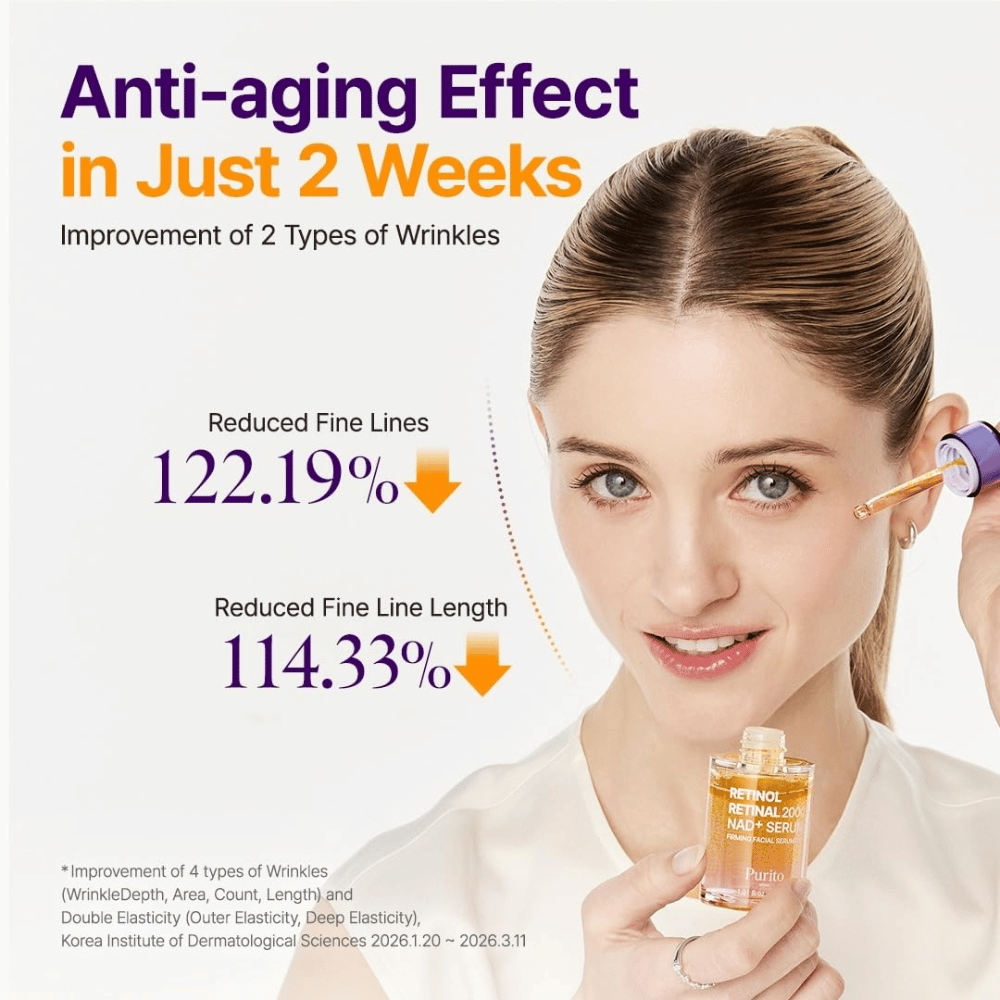 PURITO SEOUL Retinol Retinal 2000 NAD+ Serum – korealainen anti-age seerumi, joka on kehitetty vähentämään juonteiden ja ryppyjen näkyvyyttä.