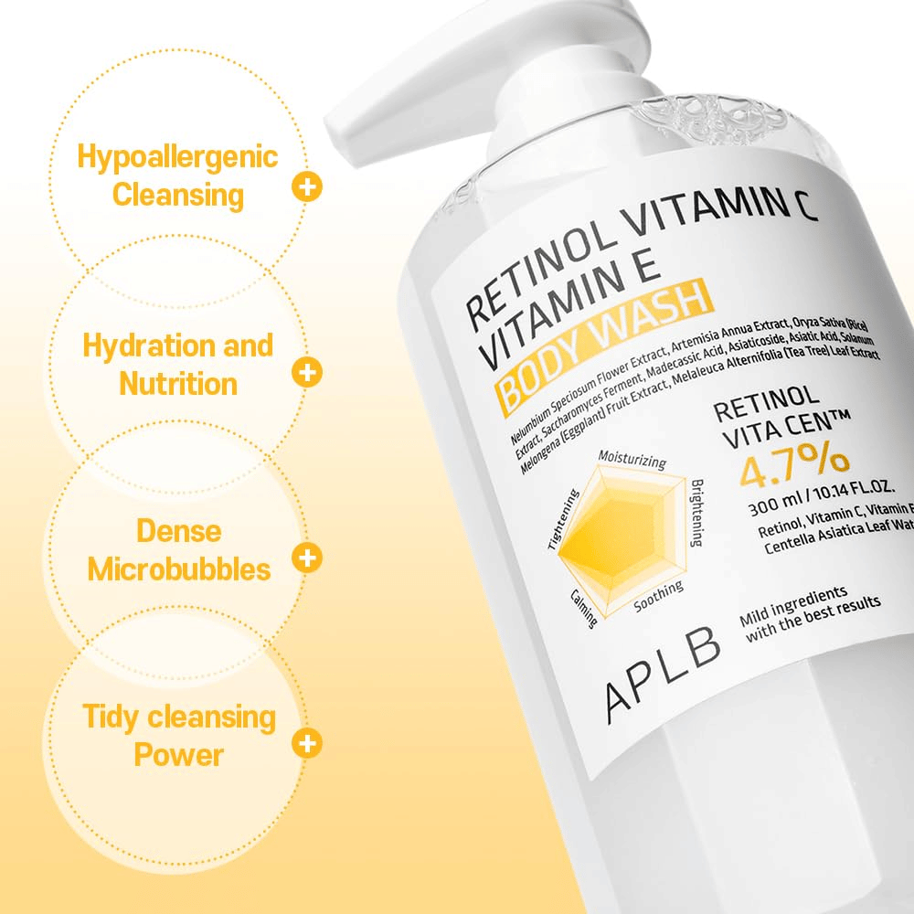 3. APLB Retinol Vitamin C Vitamin E Body Wash – kosteuttava vartalosaippua, jossa on retinolia, C-vitamiinia, E-vitamiinia ja centellaa