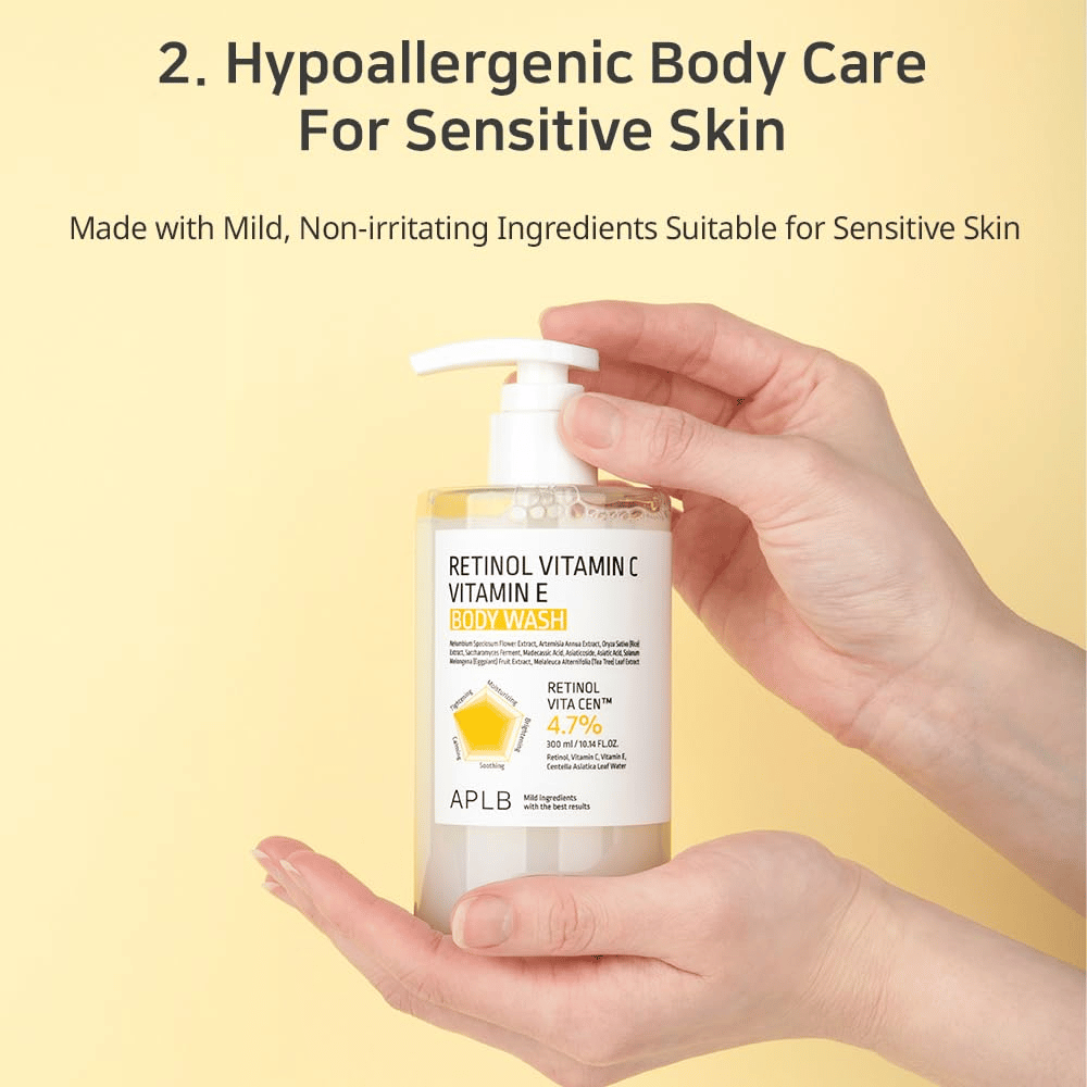 1. APLB Retinol Vitamin C Vitamin E Body Wash – mieto ja kosteuttava vartalonpuhdistusaine herkälle iholle