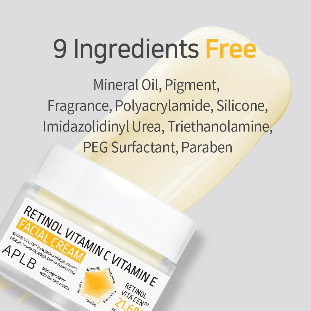 APLB Retinol Vitamin C Vitamin E Facial Cream ei sisällä yhdeksää valittua ainesosaa