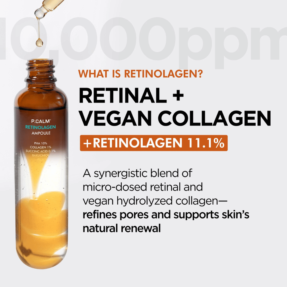Tuotekuva tuotteesta P.CALM Retinolagen Ampoule yhdessä “Retinolagen”-tiedon kanssa, joka on retinalin ja vegaanisen kollageenin yhdistelmä. Kuva korostaa ihon uudistumista, parantunutta ihon rakennetta ja huokosten hienosäätöä.