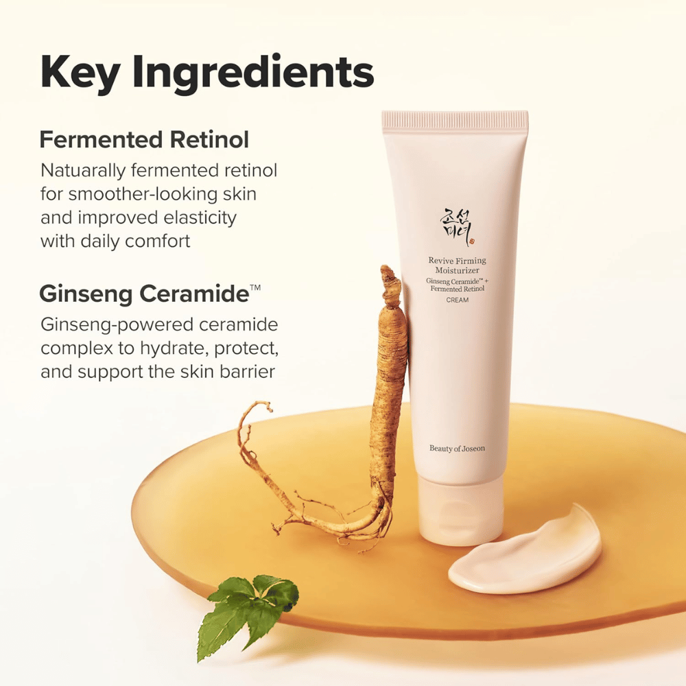 Kuva – ainesosat (SEO + EEAT)
Beauty of Joseon Revive Firming Moisturizer ginseng-seramidilla ja fermentoidulla retinolilla, jotka vahvistavat ihon suojakerrosta ja parantavat ihon kimmoisuutta.