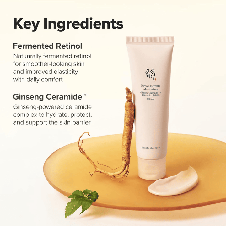 Kuva – ainesosat (SEO + EEAT)
Beauty of Joseon Revive Firming Moisturizer ginseng-seramidilla ja fermentoidulla retinolilla, jotka vahvistavat ihon suojakerrosta ja parantavat ihon kimmoisuutta.
